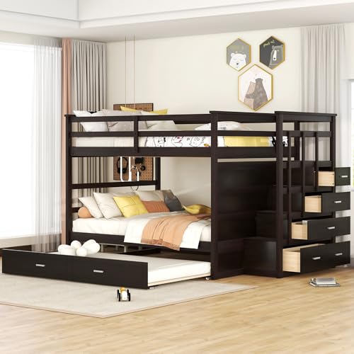 Full Over Full Wooden Bunk Bed with Trundle and Staircase N781813