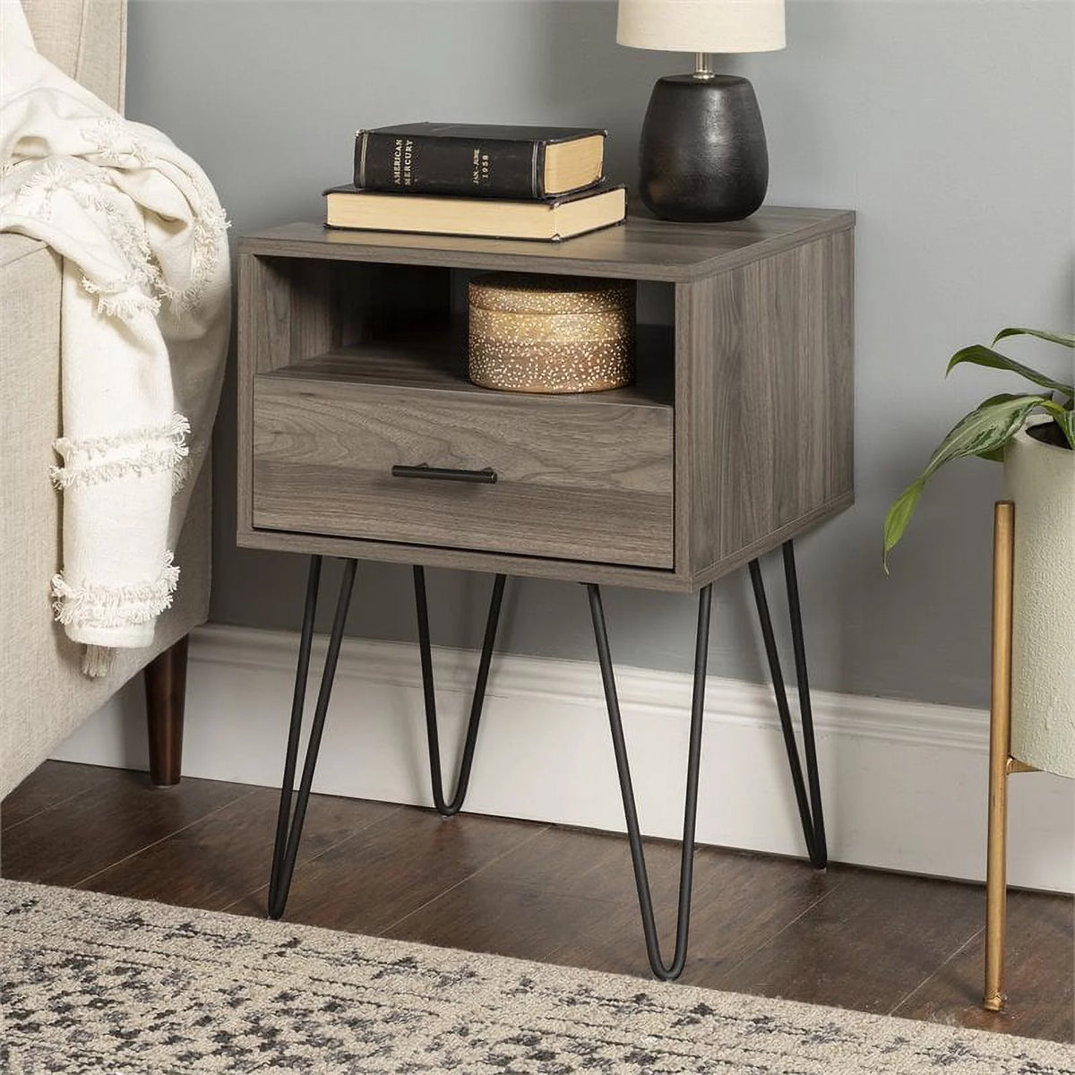 18" Single Drawer Hairpin Leg Nightstand R256