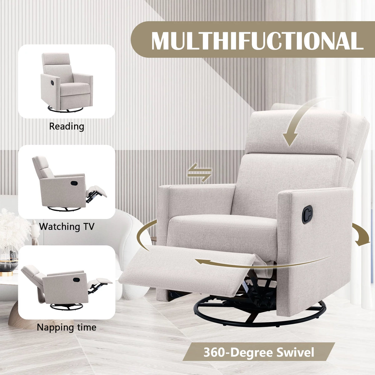 Tan Upholstered Swivel Recliner Chair O884638