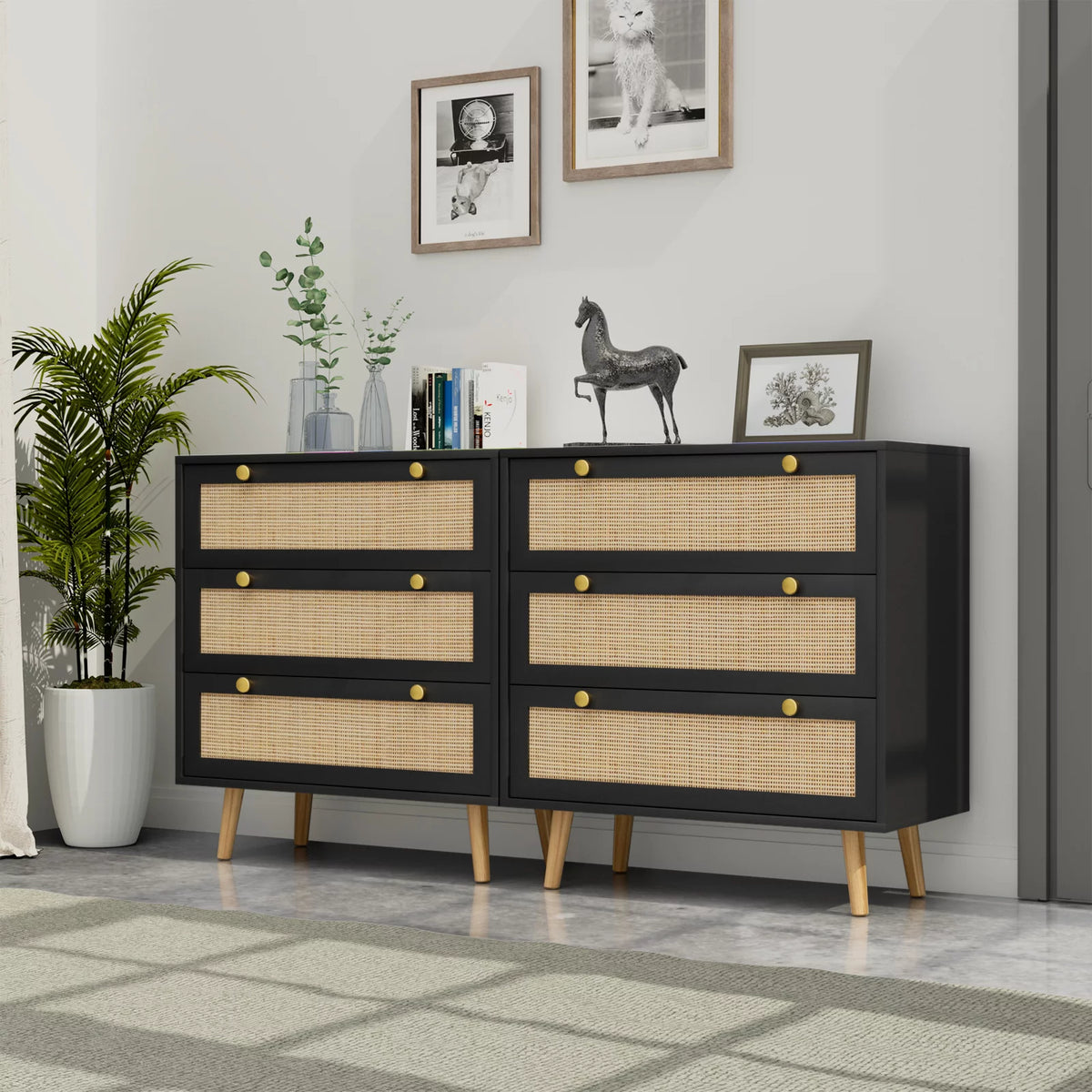 Black 3-Drawer Rattan Dresser Storage Cabinet U90958