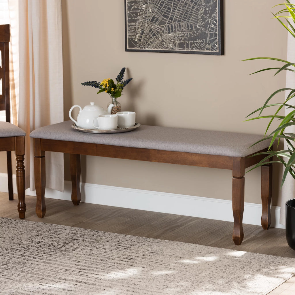 Grey Fabric Upholstered Walnut Brown Wood Dining Bench I610384
