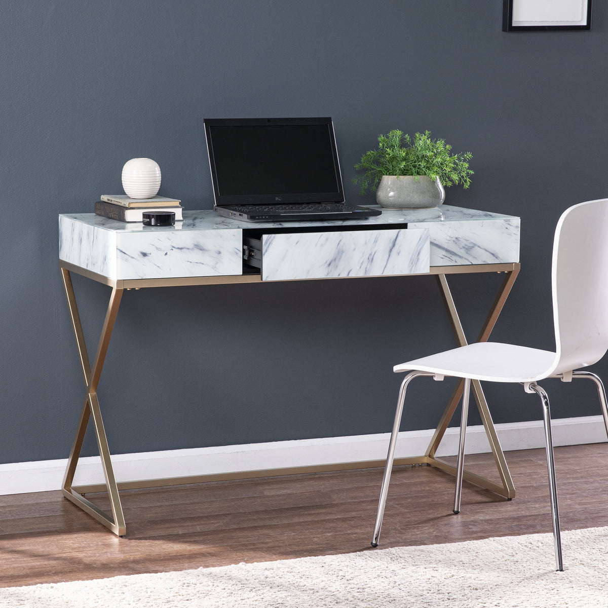 Gold Faux Marble Writing Desk with Storage H7092