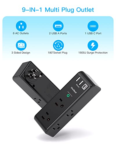 Surge Protector Outlet Extender with Rotating Plug, 6 AC Outlets and 3 USB Ports J145309