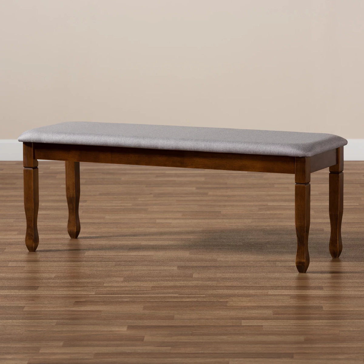 Grey Fabric Upholstered Walnut Brown Wood Dining Bench I610384