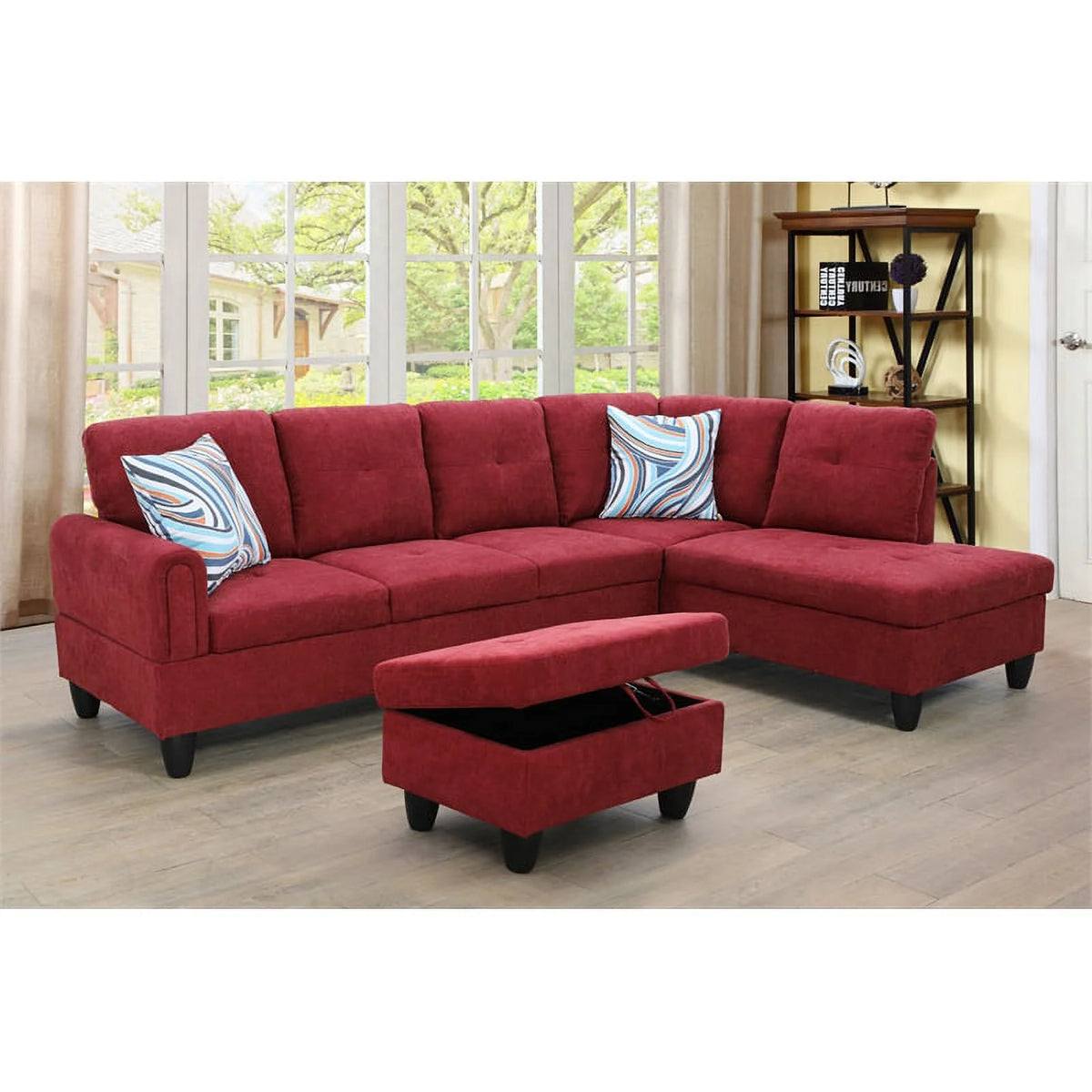 Red 3PC Flannelette Sectional Sofa with Ottoman G4928