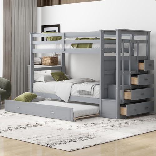 Full Over Full Wooden Bunk Bed with Trundle and Staircase N781813