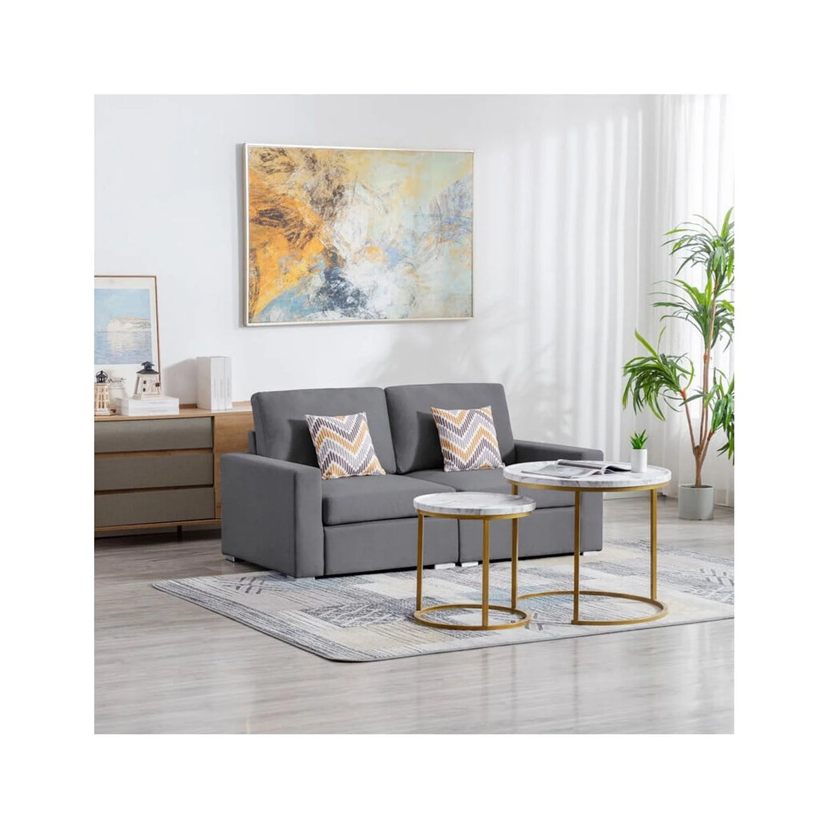 Gray Linen Fabric Loveseat with Pillows V942816