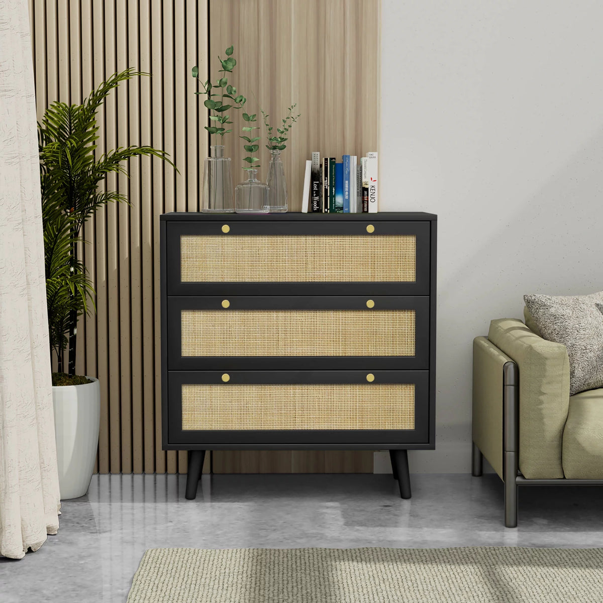 Black 3-Drawer Rattan Dresser Storage Cabinet U90958