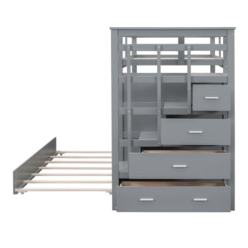 Full Over Full Wooden Bunk Bed with Trundle and Staircase N781813