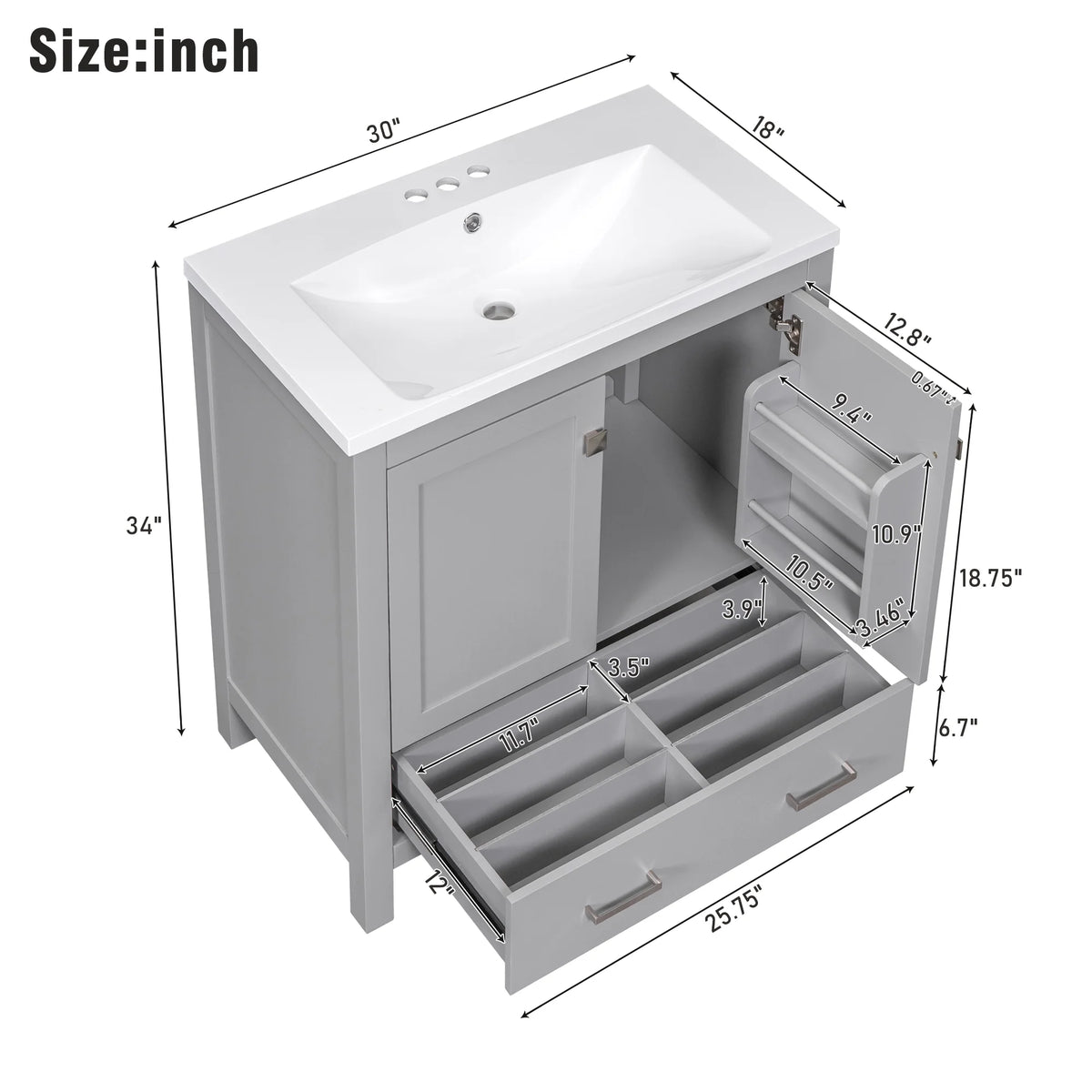 30" Solid Wood Bathroom Vanity Cabinet with Top Basin X341303