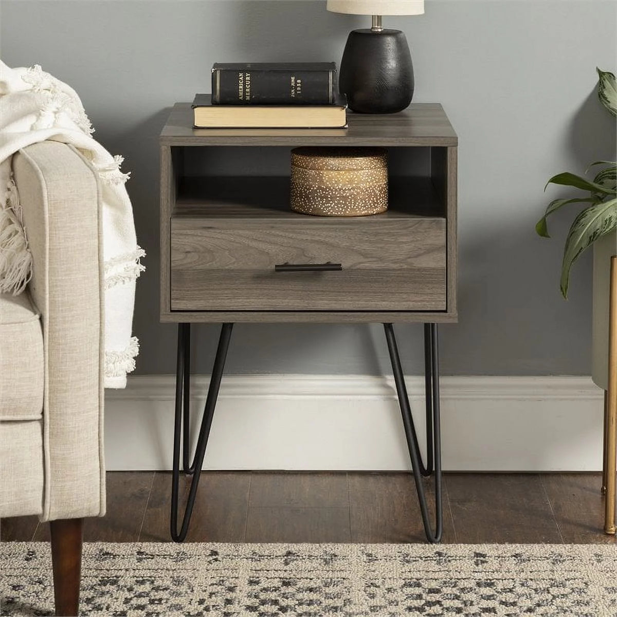 18" Single Drawer Hairpin Leg Nightstand R256