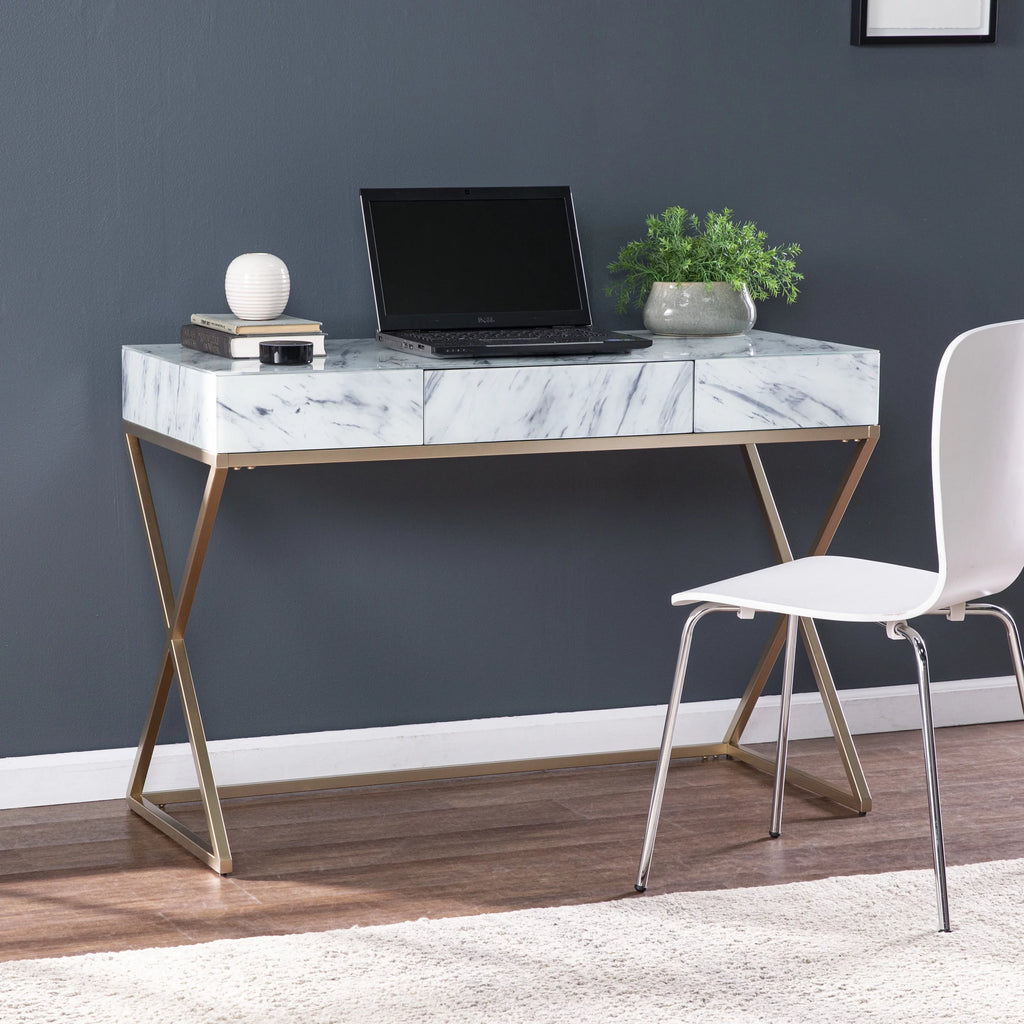 Gold Faux Marble Writing Desk with Storage H7092