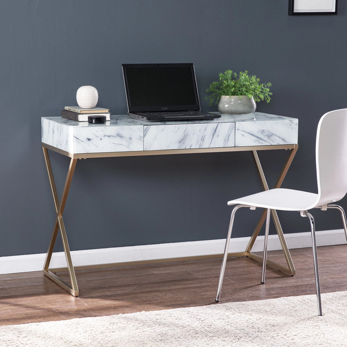 Gold Faux Marble Writing Desk with Storage H7092