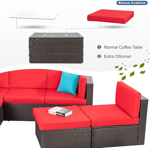 5 Piece Brown PE Wicker Outdoor Sectional Set with Ottoman J6464
