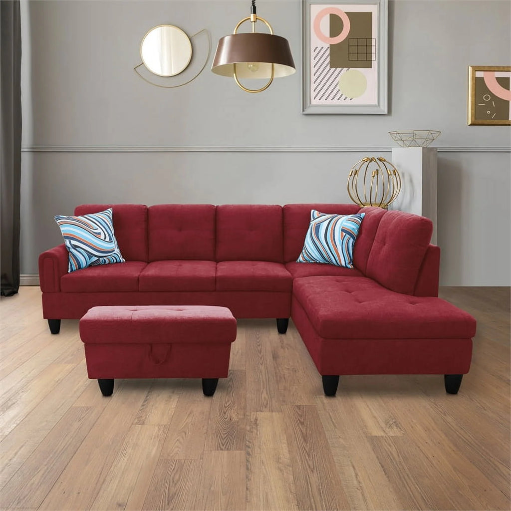 Red 3PC Flannelette Sectional Sofa with Ottoman G4928