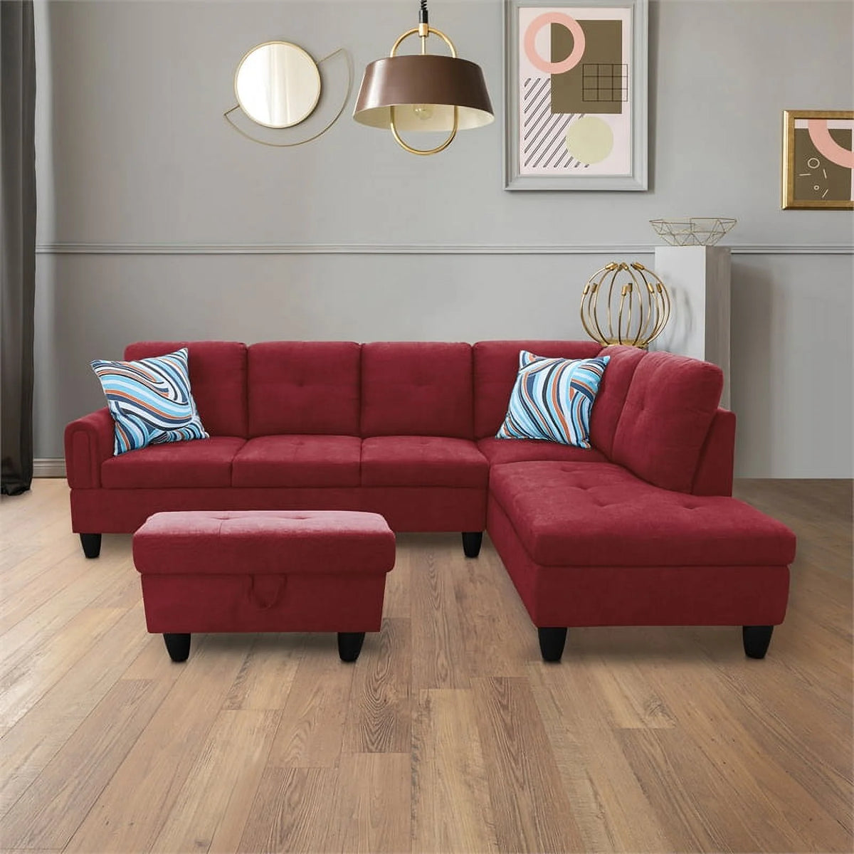Red 3PC Flannelette Sectional Sofa with Ottoman G4928