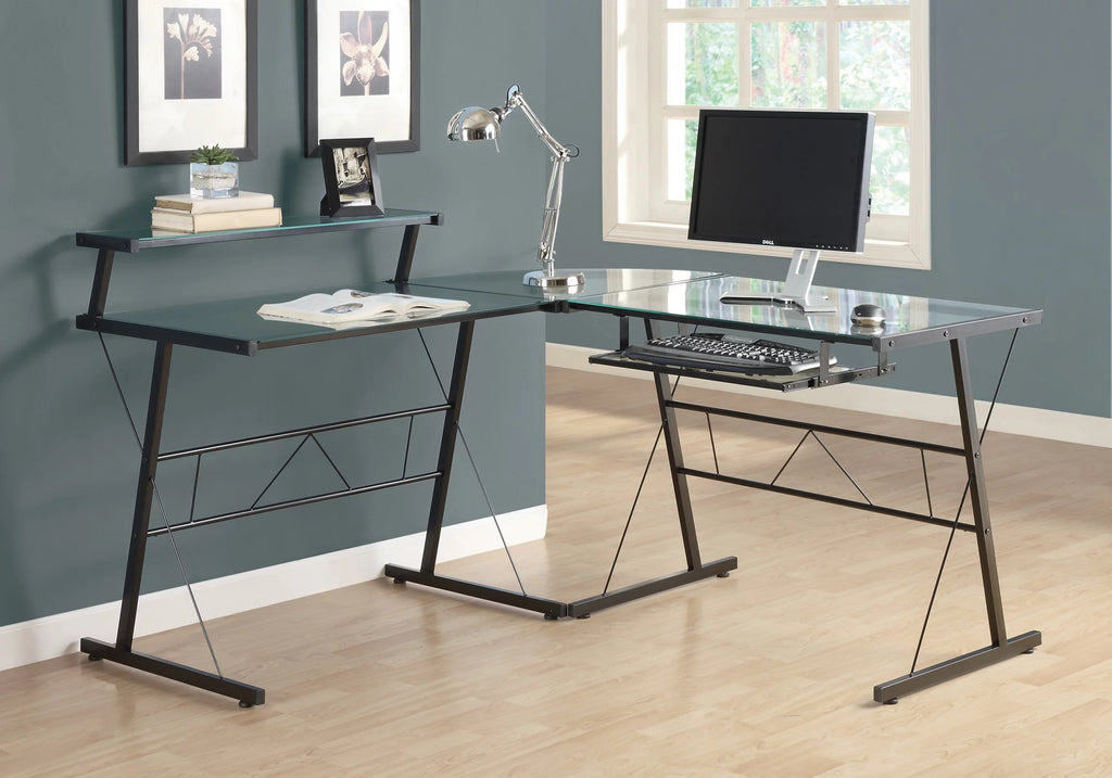 Black L-Shaped Computer Desk with Tempered Glass L2074