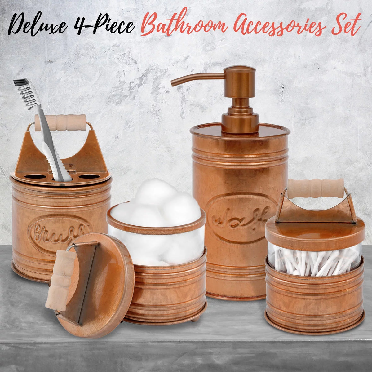 Rustic Bathroom Accessories Set 4 Soap Dispenser Toothbrush Holder 2 Apothecary Jars K413