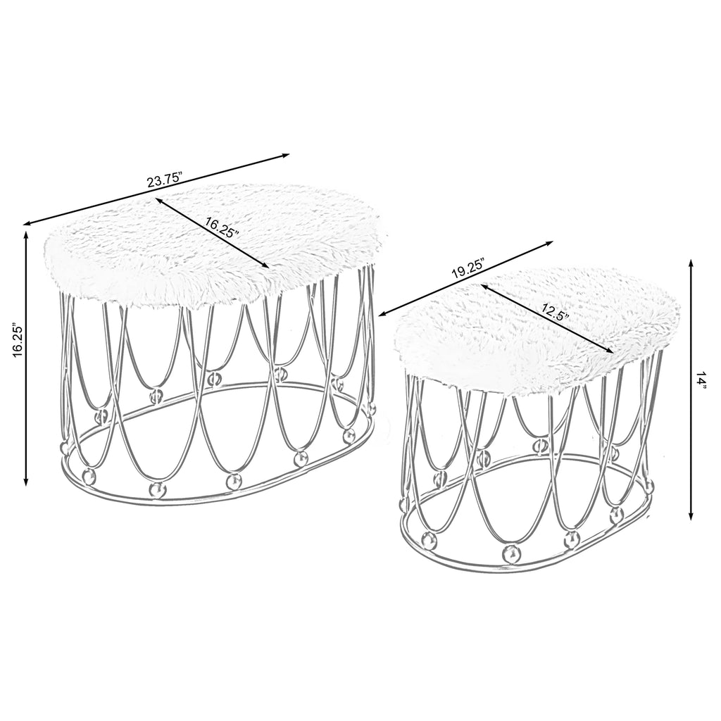 Gold Metal Side Accent Table Stools with White Fur Top Seat D8500