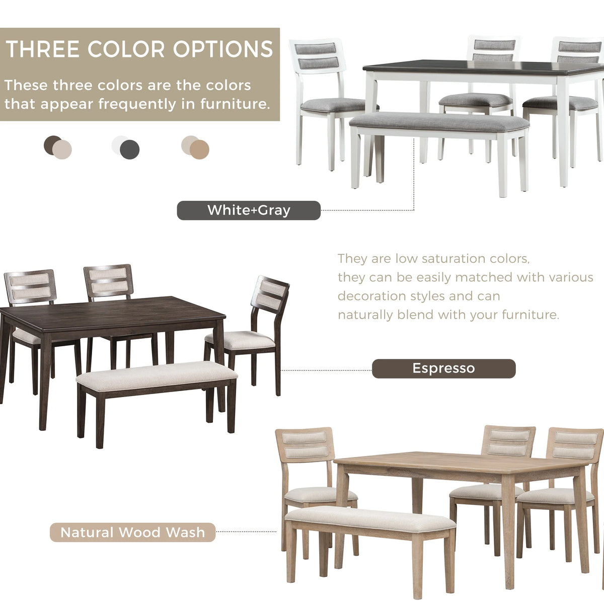 6 Piece Dining Table and Chair Set with 4 Upholstered Chairs and 1 Upholstered Bench Y885432