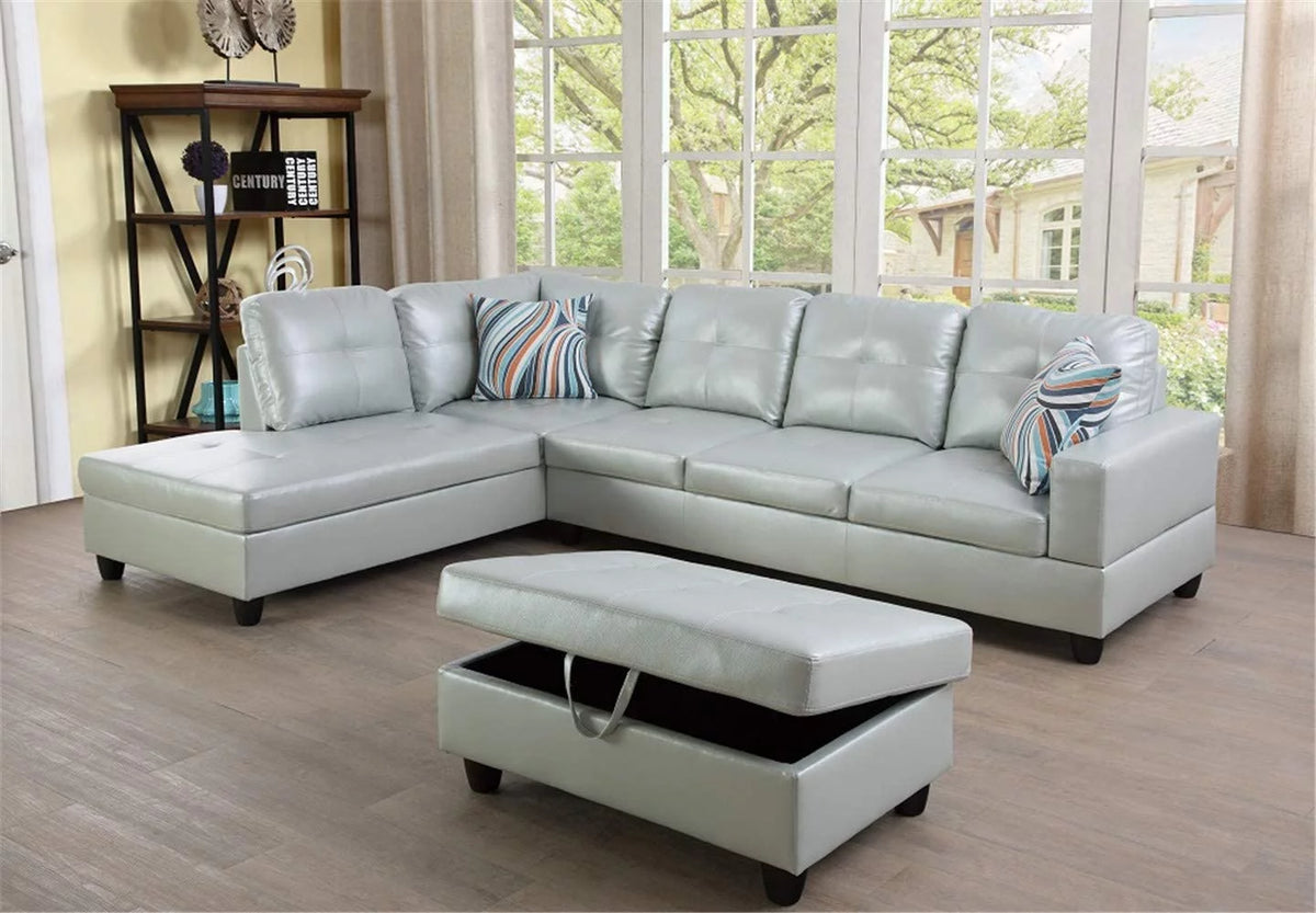 Silver Green Leather L-Shaped Sectional Sofa with Chaise Storage Ottoman L47910