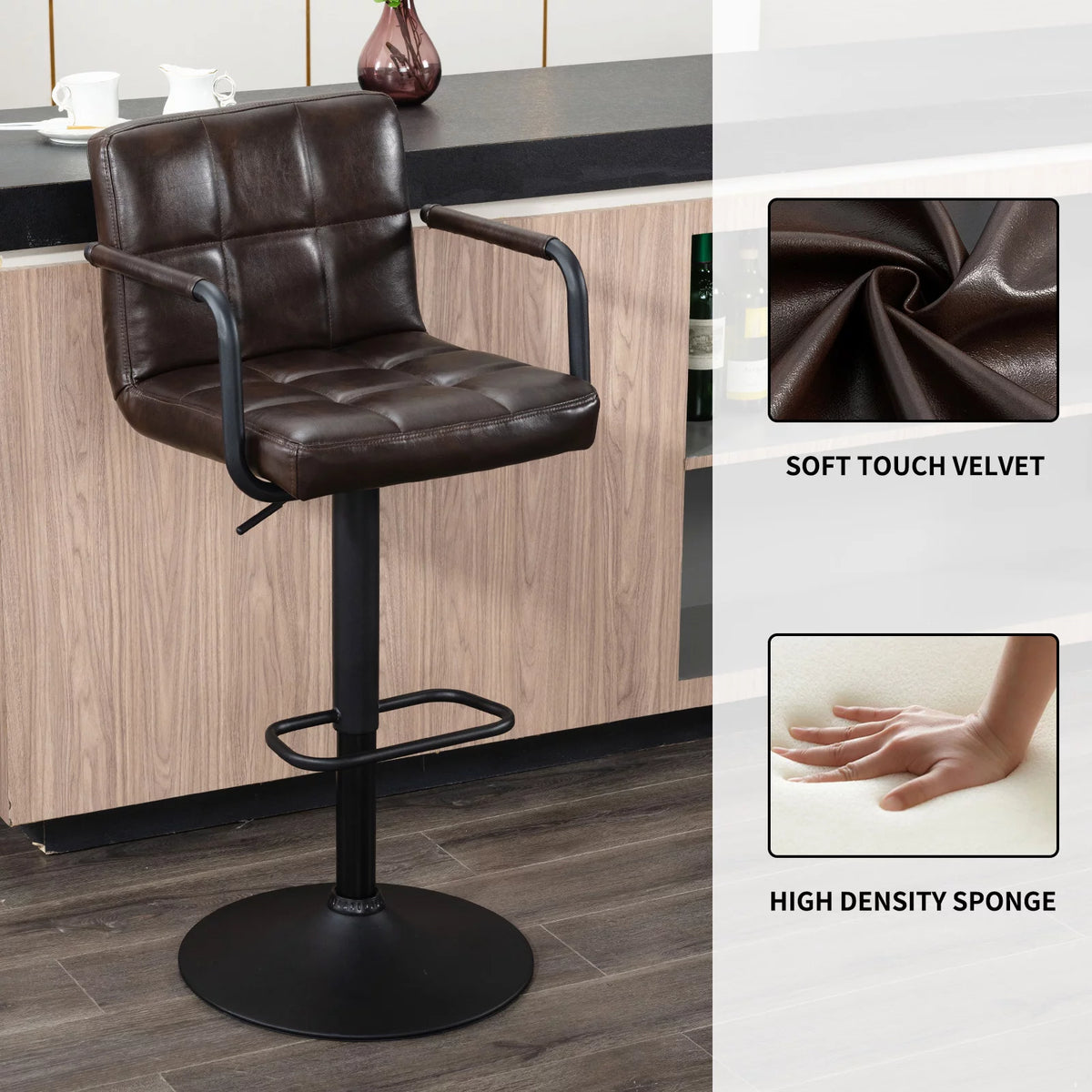 Faux Leather Swivel Bar Stools Set of 2 Adjustable Height N2175