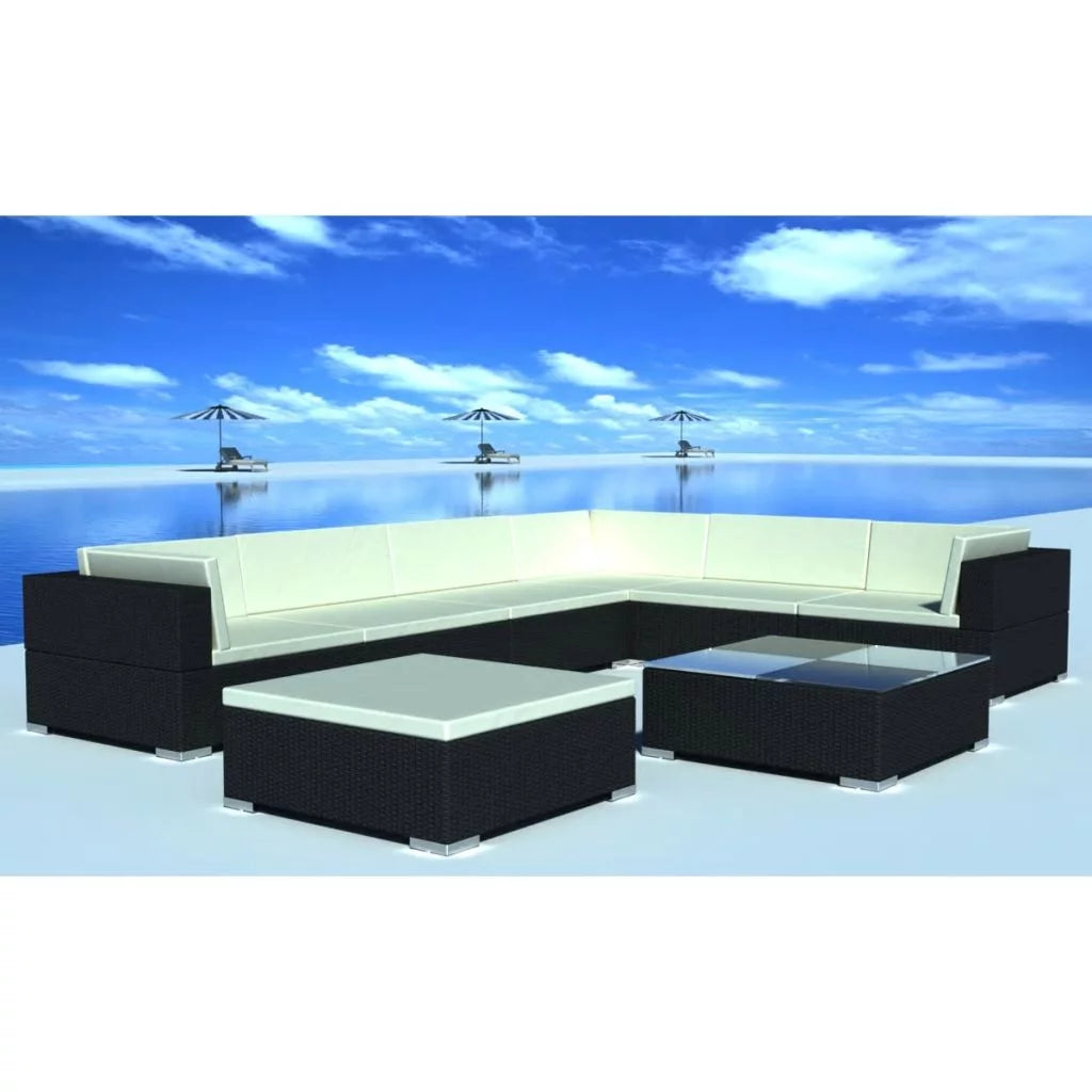 Black Poly Rattan 8 Piece Patio Lounge Set with Cushions C73908