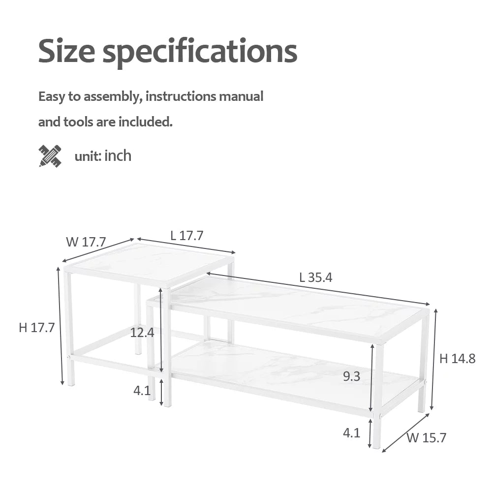 Square & Rectangle Nesting Coffee Table Black Metal Frame Wood Marble Top R739