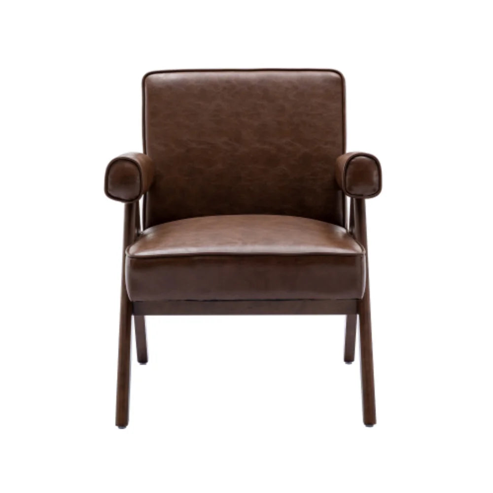Brown PU Leather Accent Chair with Solid Wood Armrest and Feet X75705