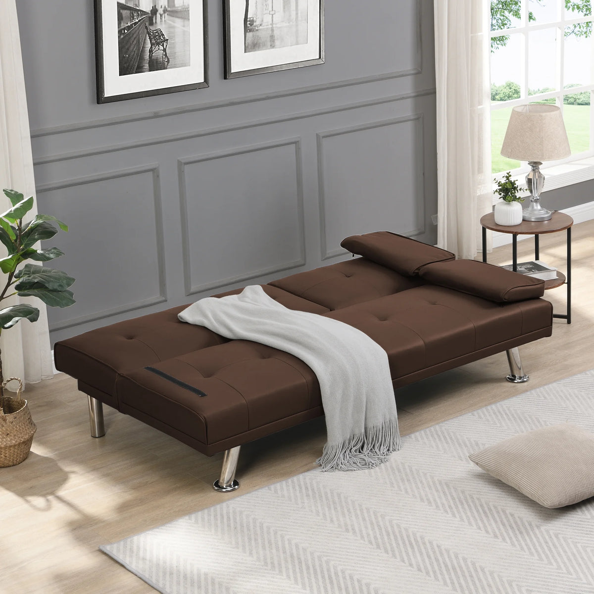 Brown PVC Sofa Bed with Armrest and Wood Frame H9092