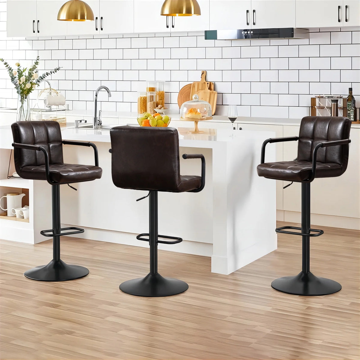 Faux Leather Swivel Bar Stools Set of 2 Adjustable Height N2175