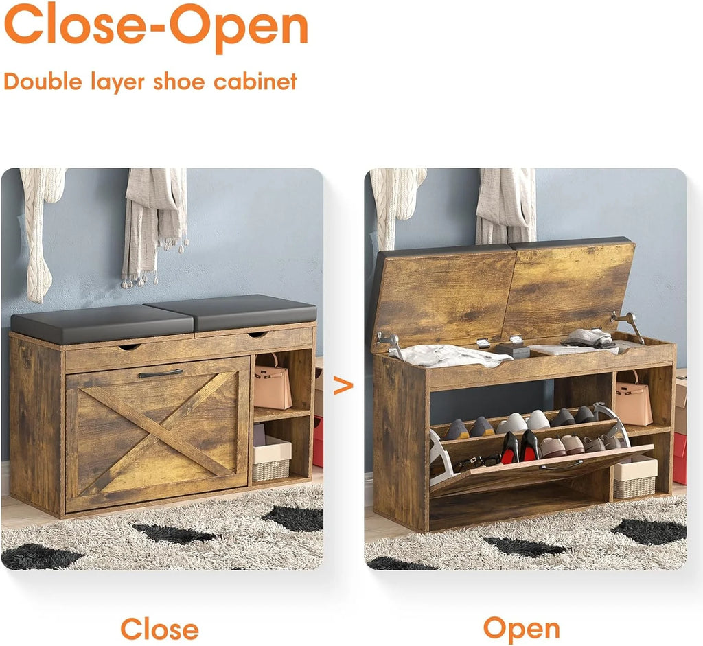 Rustic Brown Shoe Storage Bench with Flip Drawer V238