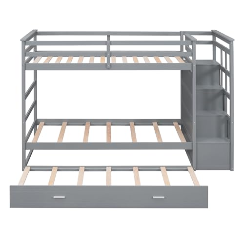 Full Over Full Wooden Bunk Bed with Trundle and Staircase N781813