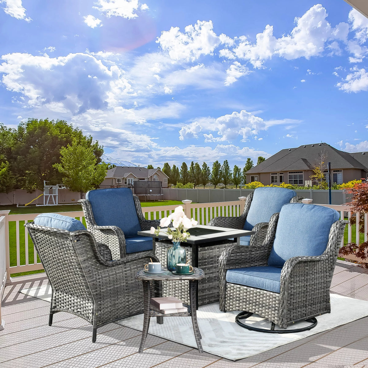 6 Pieces Outdoor Patio Furniture Set with 30" Gas Fire Pit Table Gray C5183