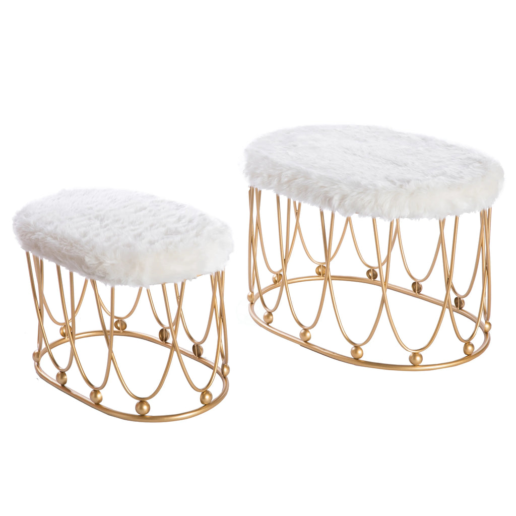 Gold Metal Side Accent Table Stools with White Fur Top Seat D8500