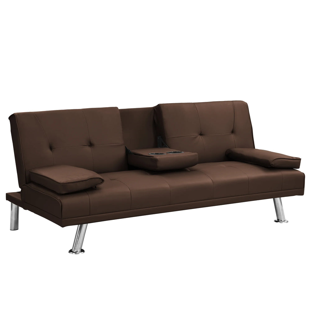 Brown PVC Sofa Bed with Armrest and Wood Frame H9092