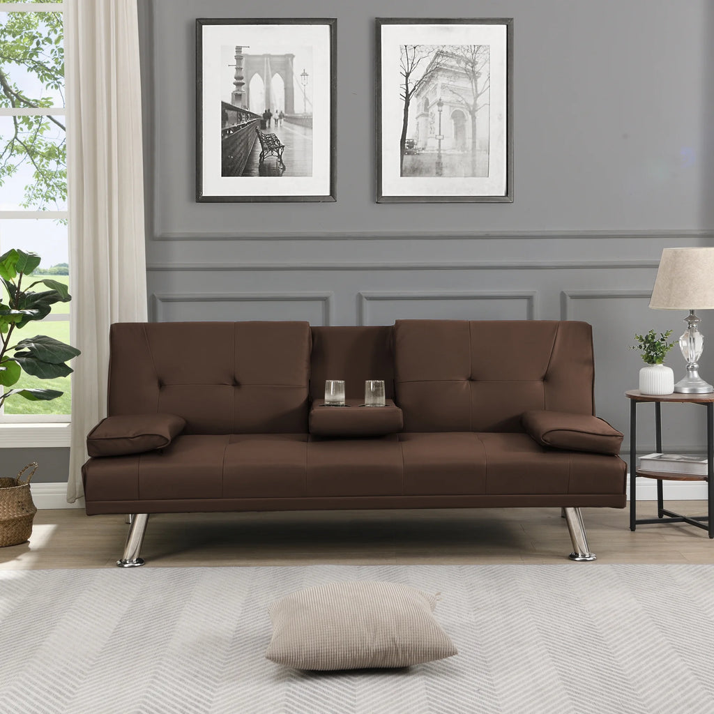 Brown PVC Sofa Bed with Armrest and Wood Frame H9092