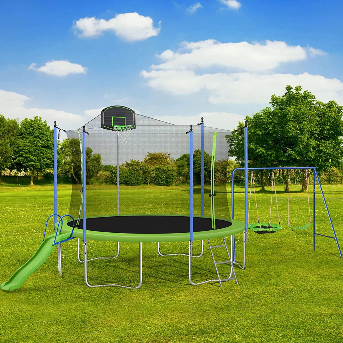 12FT Round Trampoline with Slide and Basketball Hoop J9734