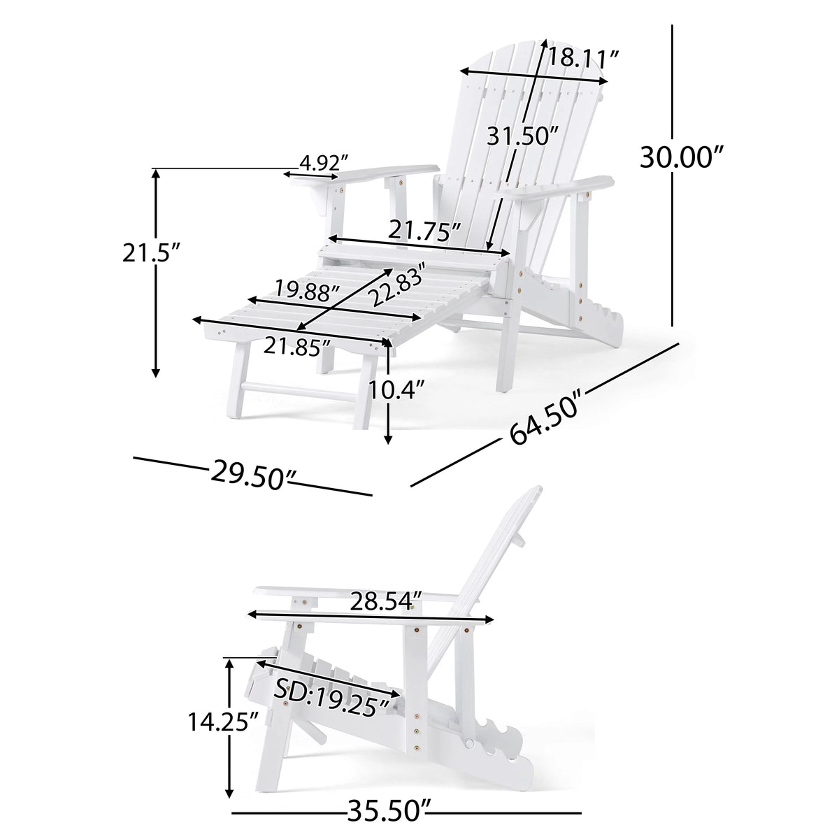 White Reclining Wood Adirondack Chair with Footrest A4313