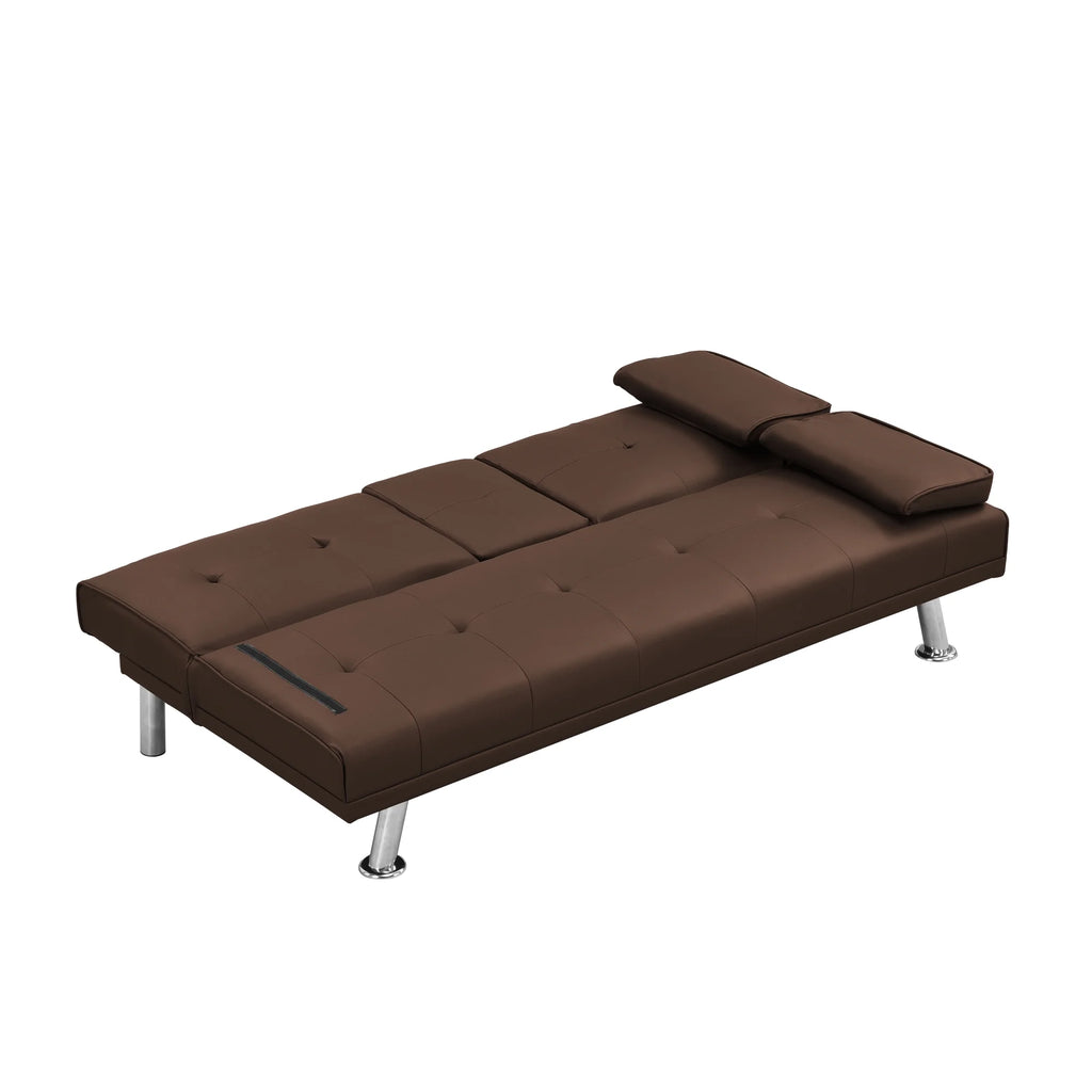 Brown PVC Sofa Bed with Armrest and Wood Frame H9092