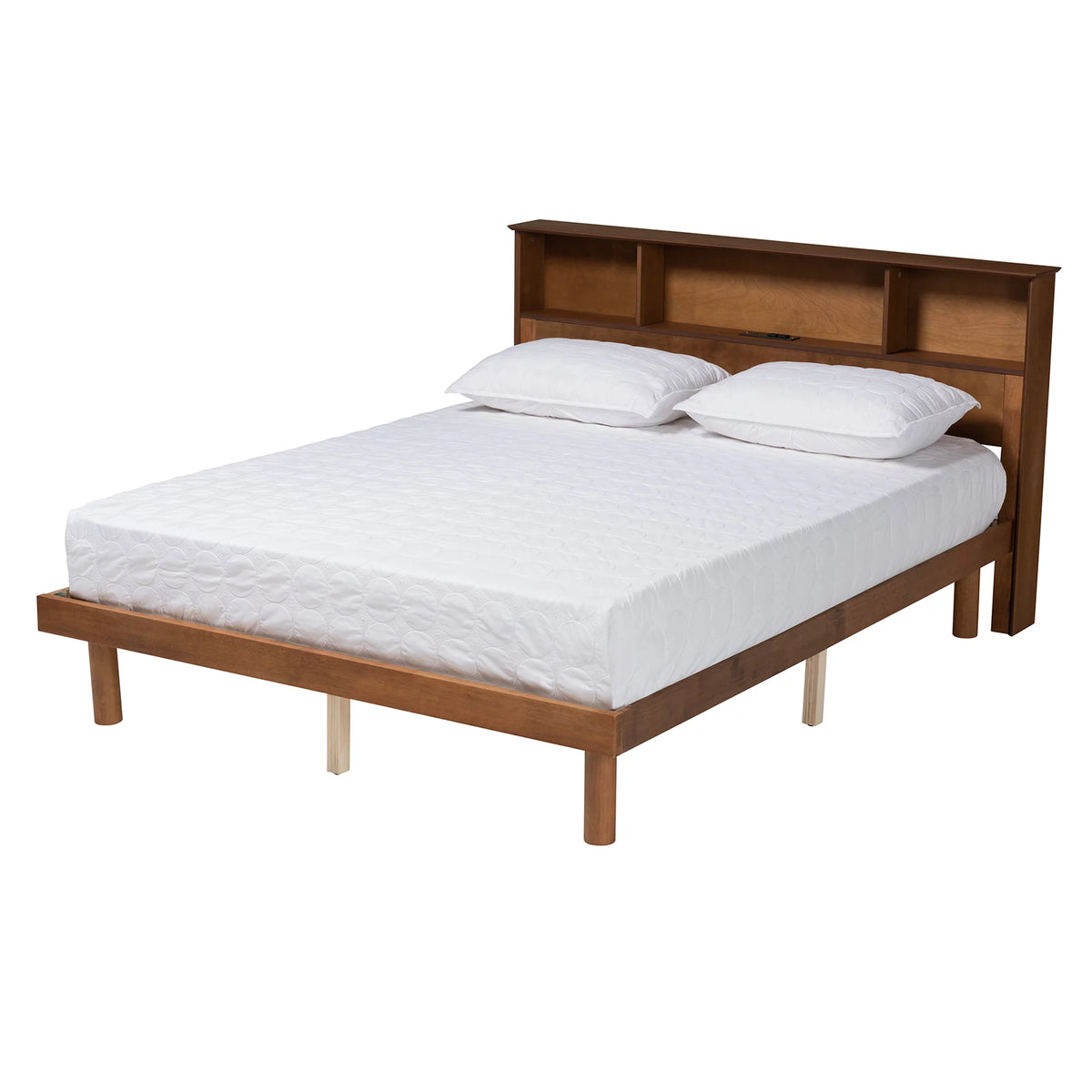 Walnut Brown Wood Queen Size Platform Bed with Charging Station M508011