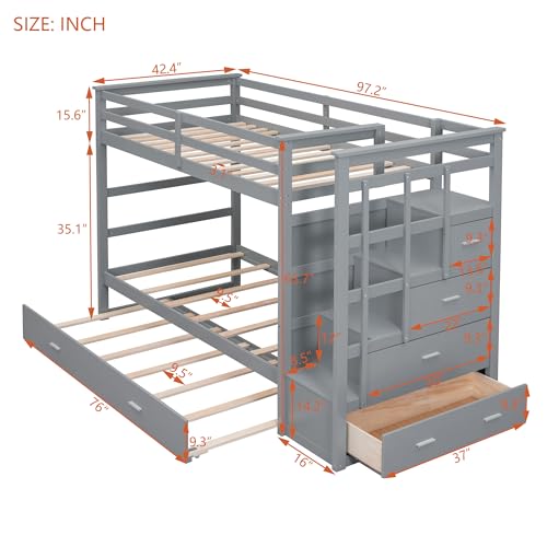 Full Over Full Wooden Bunk Bed with Trundle and Staircase N781813