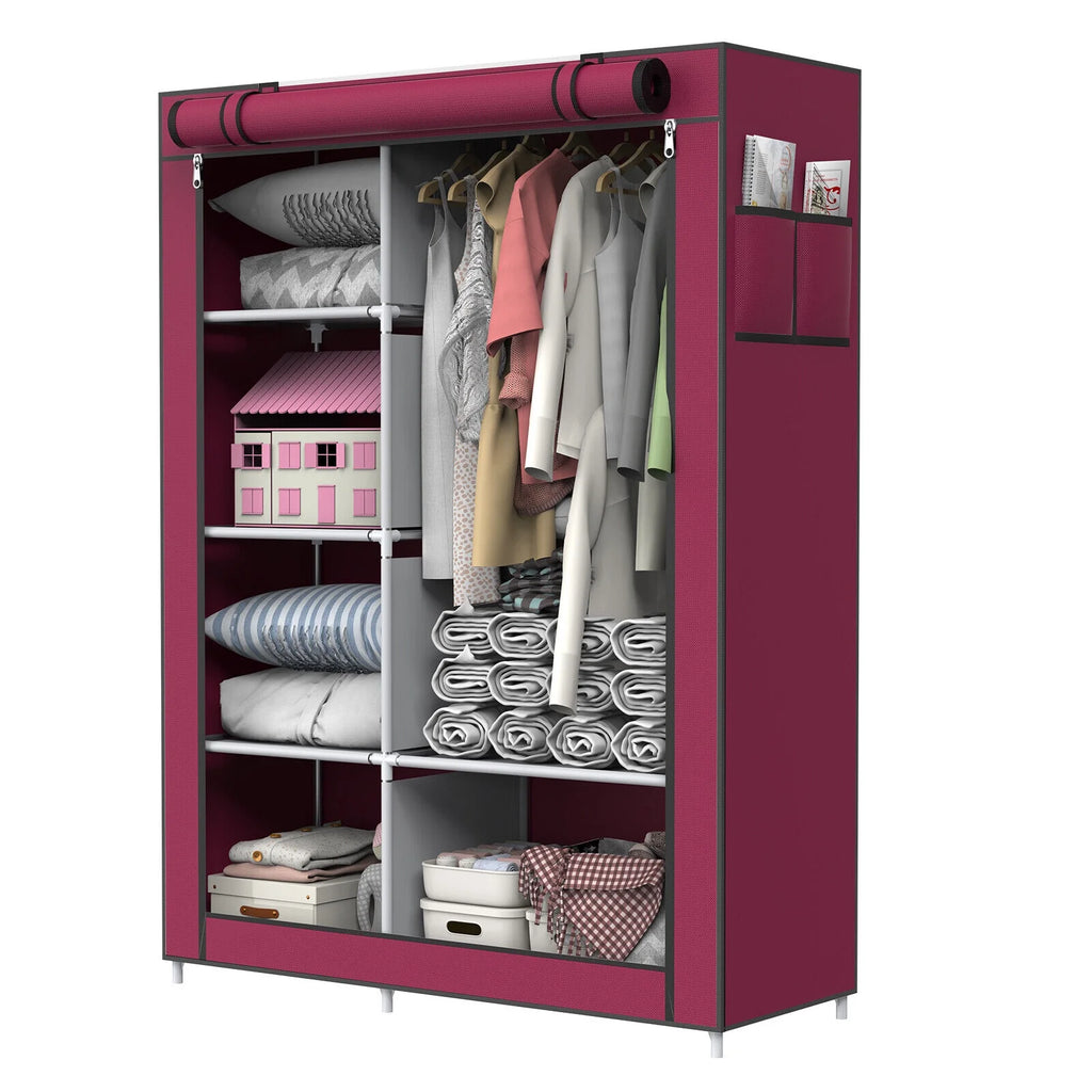 Portable Wardrobe Closet with 5 Storage Shelves and Side Pockets, Red W1035
