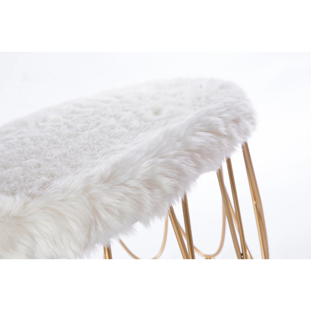 Gold Metal Side Accent Table Stools with White Fur Top Seat D8500