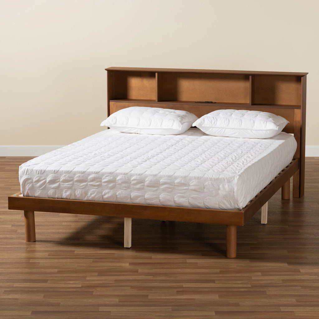 Walnut Brown Wood Queen Size Platform Bed with Charging Station M508011