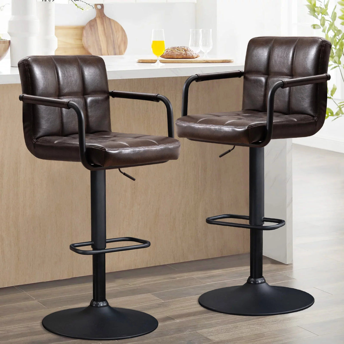 Faux Leather Swivel Bar Stools Set of 2 Adjustable Height N2175