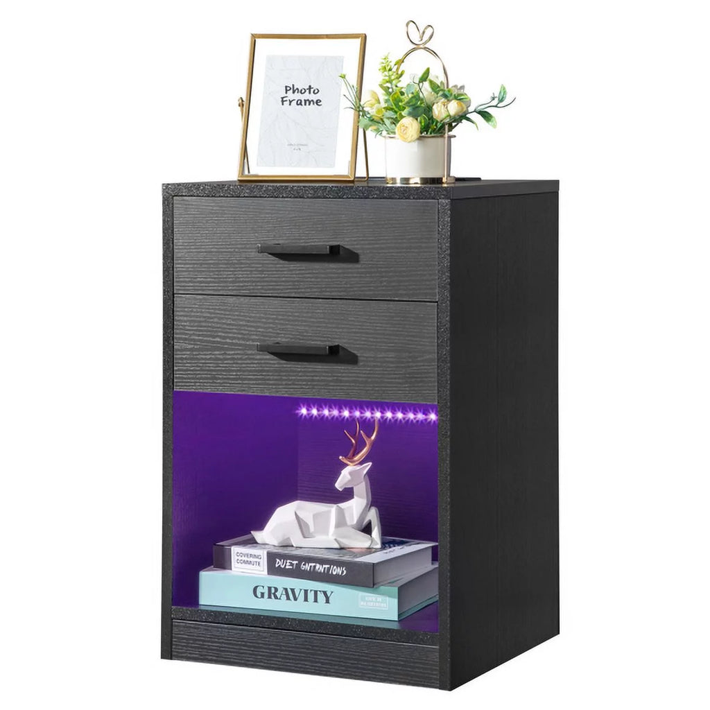 Black Nightstand with Charging Station and 2 Storage Drawers K49209