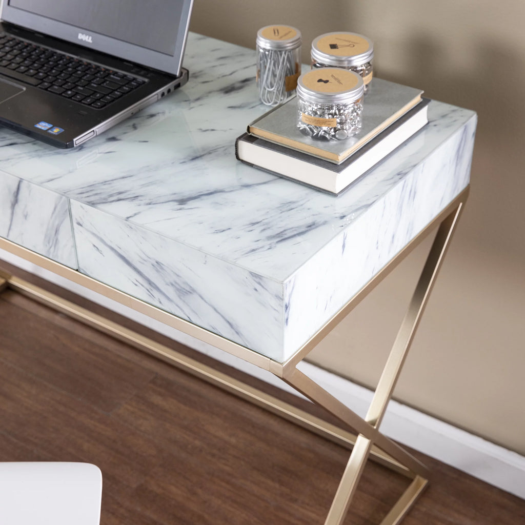 Gold Faux Marble Writing Desk with Storage H7092
