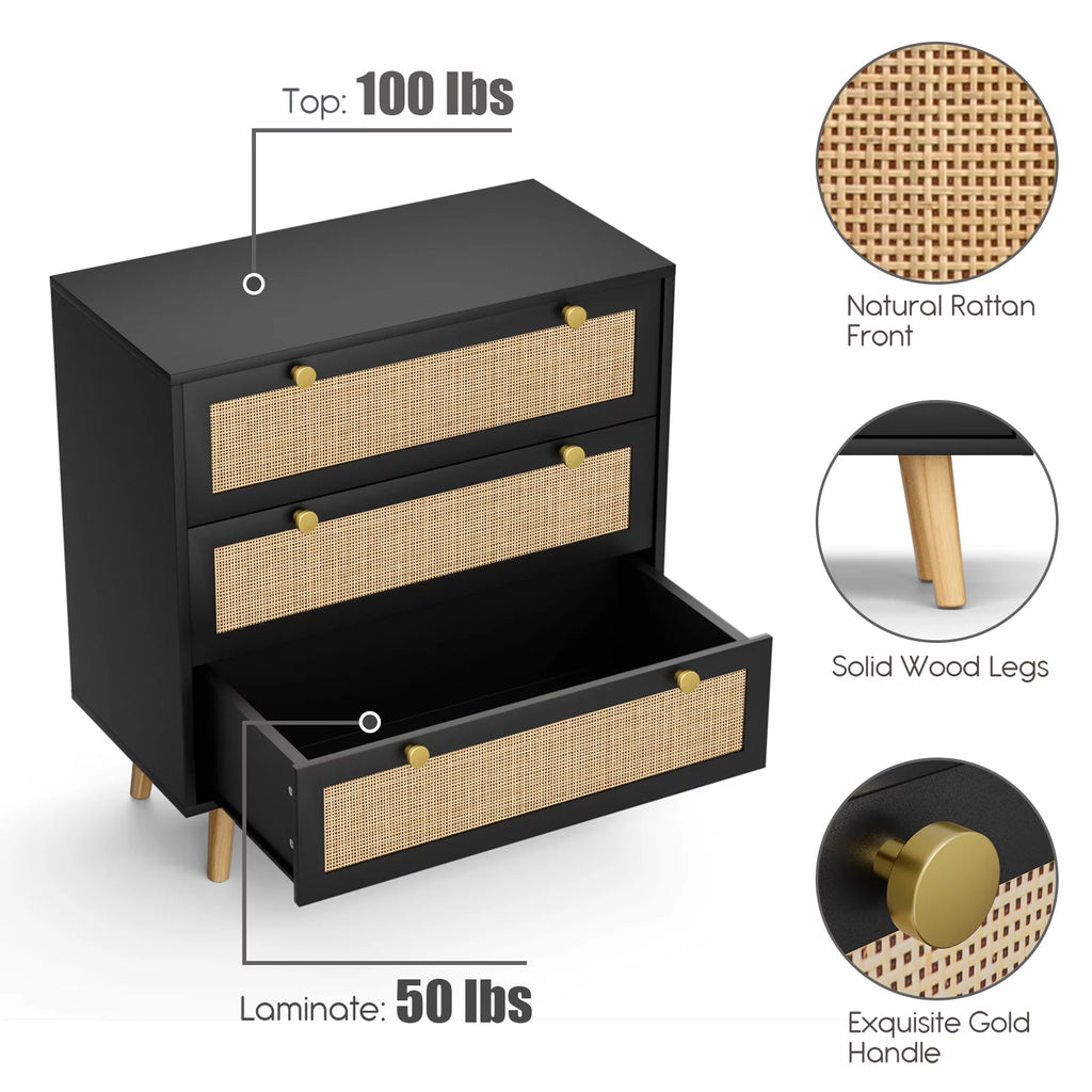 Black 3-Drawer Rattan Dresser Storage Cabinet U90958