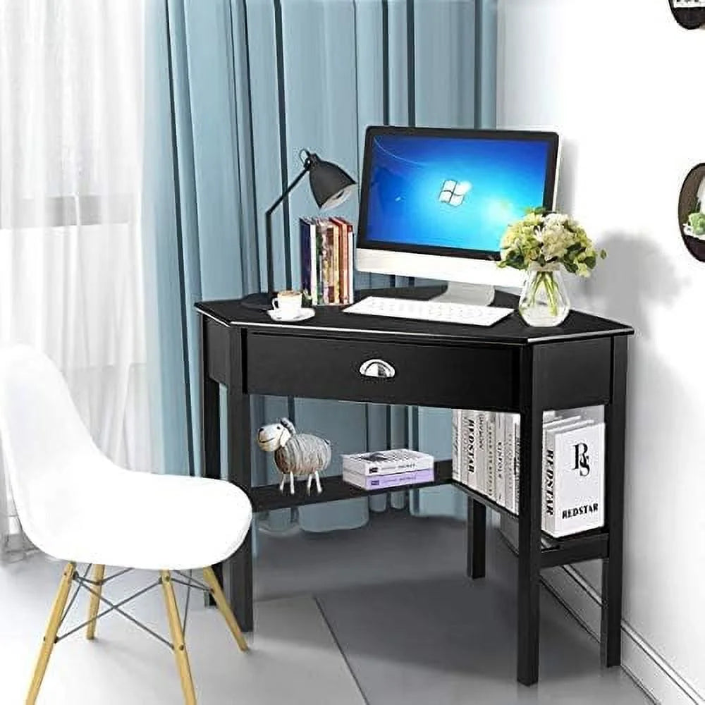 Black Corner Desk with Drawer and Shelves A90167